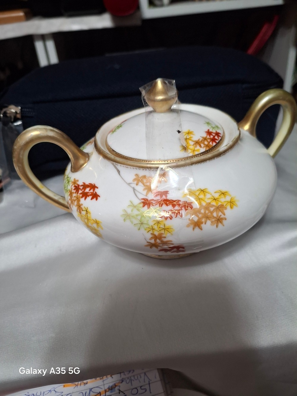Nippon Vintage Porcelain Sugar Bowl with Gold Handles and Japanese Maple Leaf